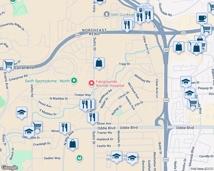 map of restaurants, bars, coffee shops, grocery stores, and more near 2120 Patton Drive in Reno
