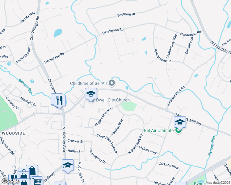 map of restaurants, bars, coffee shops, grocery stores, and more near 811 Moores Mill Road in Bel Air