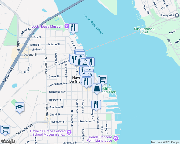 map of restaurants, bars, coffee shops, grocery stores, and more near 309a Saint John Street in Havre de Grace