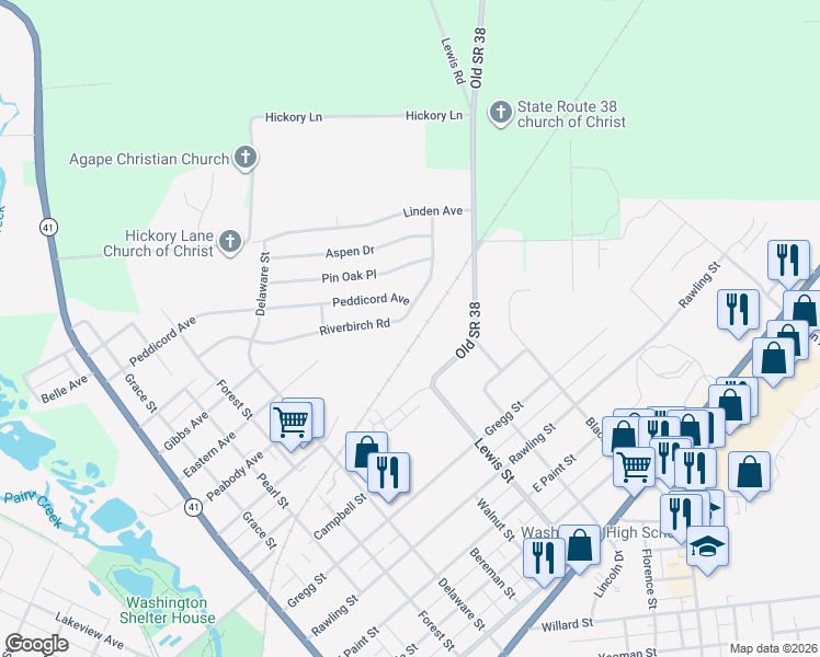 map of restaurants, bars, coffee shops, grocery stores, and more near 891 Riverbirch Road in Washington Court House