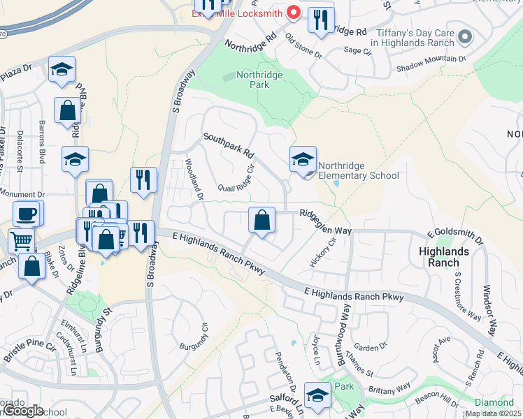 map of restaurants, bars, coffee shops, grocery stores, and more near 455 Saddlewood Circle in Littleton