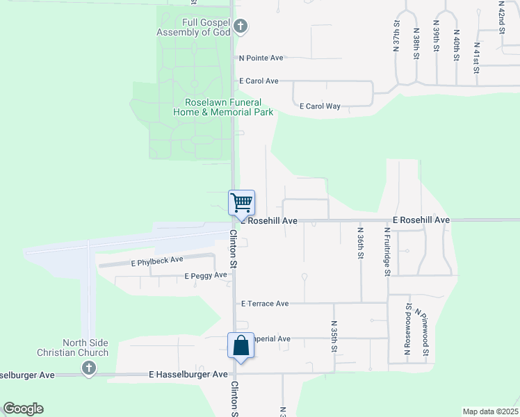 map of restaurants, bars, coffee shops, grocery stores, and more near 3100-3198 East Rose Hill Avenue in North Terre Haute