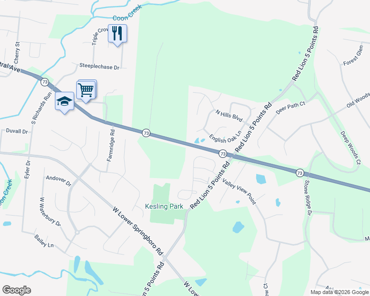 map of restaurants, bars, coffee shops, grocery stores, and more near 1019 Ohio 73 in Springboro