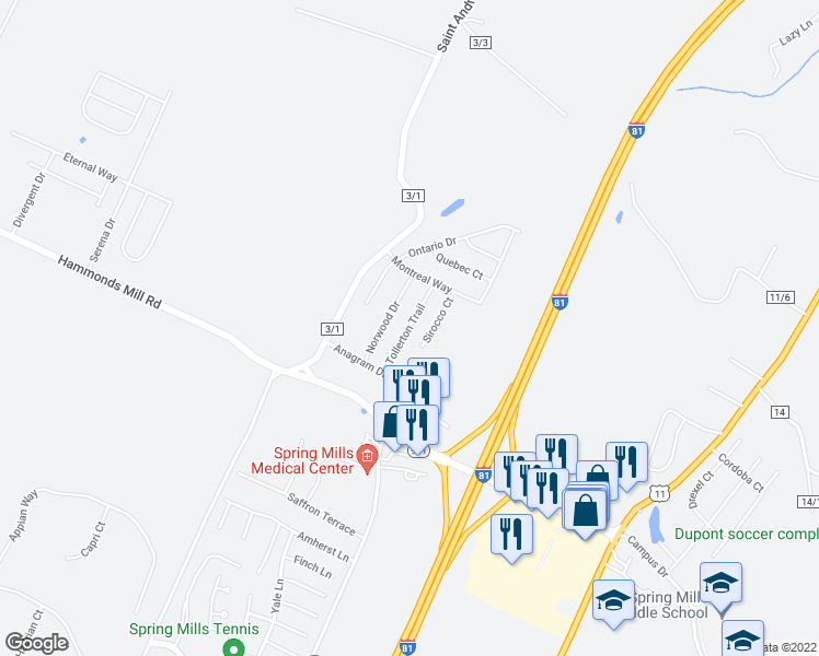 map of restaurants, bars, coffee shops, grocery stores, and more near 111 Tollerton Trail in Falling Waters