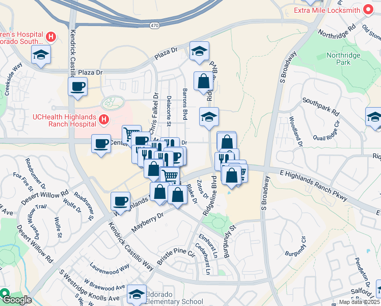 map of restaurants, bars, coffee shops, grocery stores, and more near 9135 South Ridgeline Boulevard in Highlands Ranch