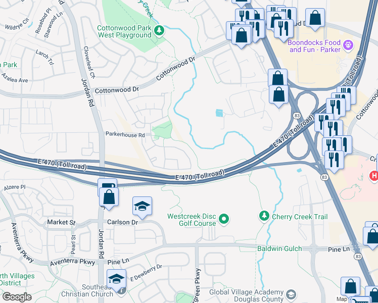 map of restaurants, bars, coffee shops, grocery stores, and more near 17497 Nature Walk Tr in Parker