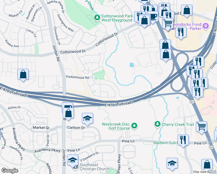 map of restaurants, bars, coffee shops, grocery stores, and more near 17442 Nature Walk Tr in Parker
