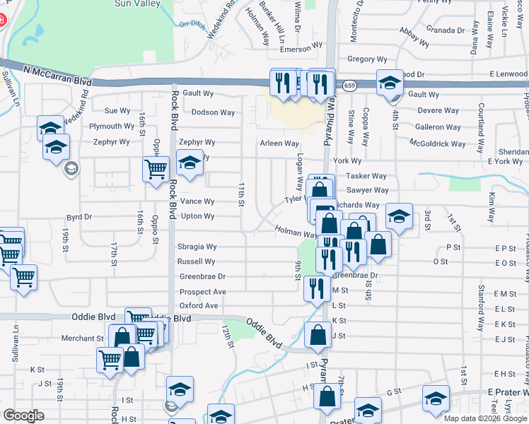 map of restaurants, bars, coffee shops, grocery stores, and more near 2041 Holman Way in Sparks