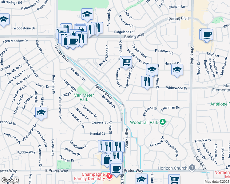 map of restaurants, bars, coffee shops, grocery stores, and more near 2031 Sycamore Glen Drive in Sparks