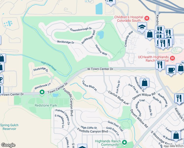 map of restaurants, bars, coffee shops, grocery stores, and more near 2589 West Bitterroot Place in Highlands Ranch