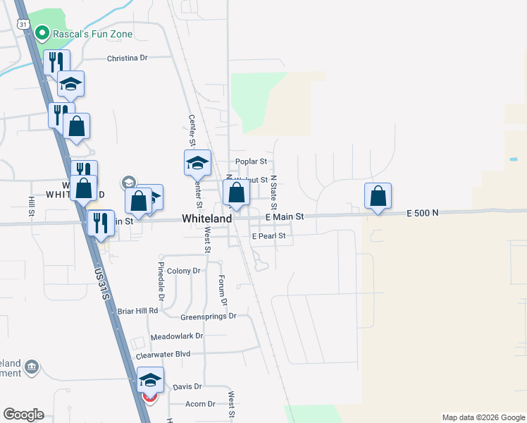 map of restaurants, bars, coffee shops, grocery stores, and more near 690 East Main Street in Whiteland