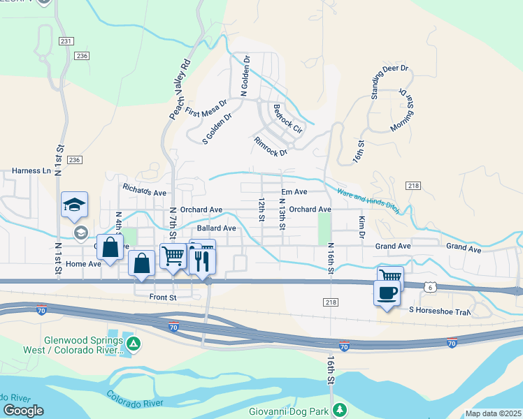map of restaurants, bars, coffee shops, grocery stores, and more near 1196 Orchard Avenue in Silt