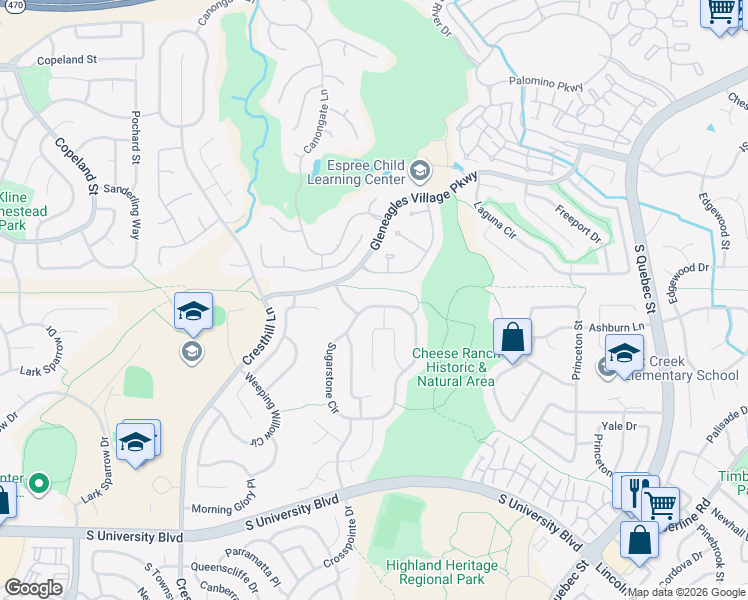 map of restaurants, bars, coffee shops, grocery stores, and more near 9239 Sugarstone Circle in Littleton