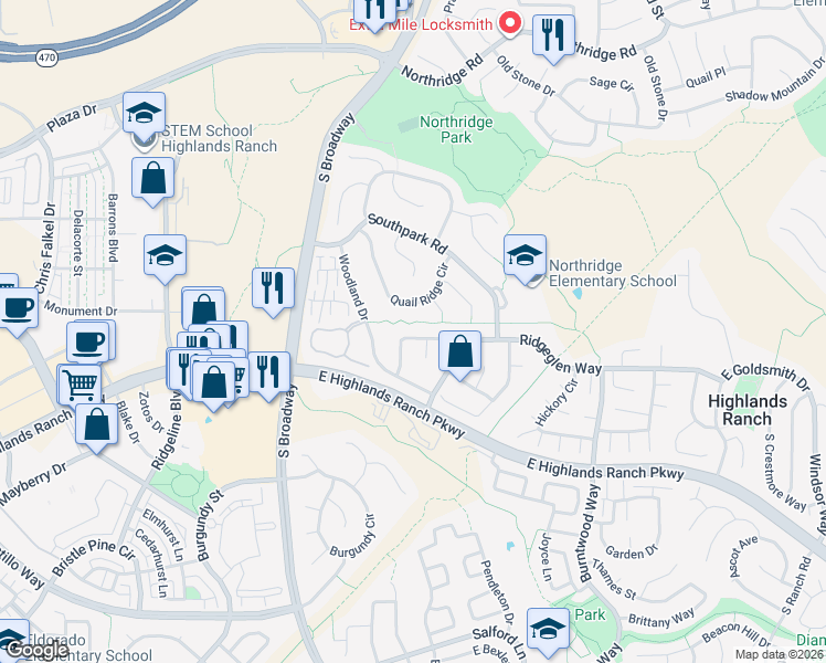 map of restaurants, bars, coffee shops, grocery stores, and more near 337 Saddlewood Circle in Littleton
