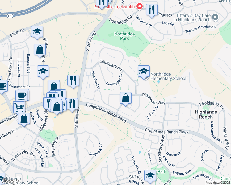map of restaurants, bars, coffee shops, grocery stores, and more near 337 Saddlewood Circle in Littleton