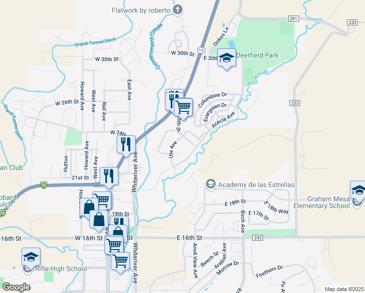 map of restaurants, bars, coffee shops, grocery stores, and more near 355 East 26th Street in Rifle