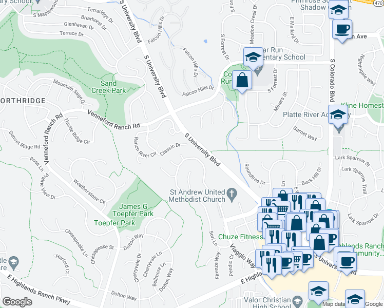 map of restaurants, bars, coffee shops, grocery stores, and more near 9206 Viaggio Way in Littleton