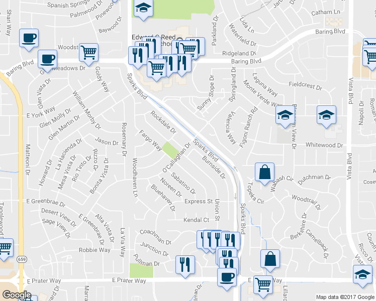 map of restaurants, bars, coffee shops, grocery stores, and more near 2160 Burnside Drive in Sparks