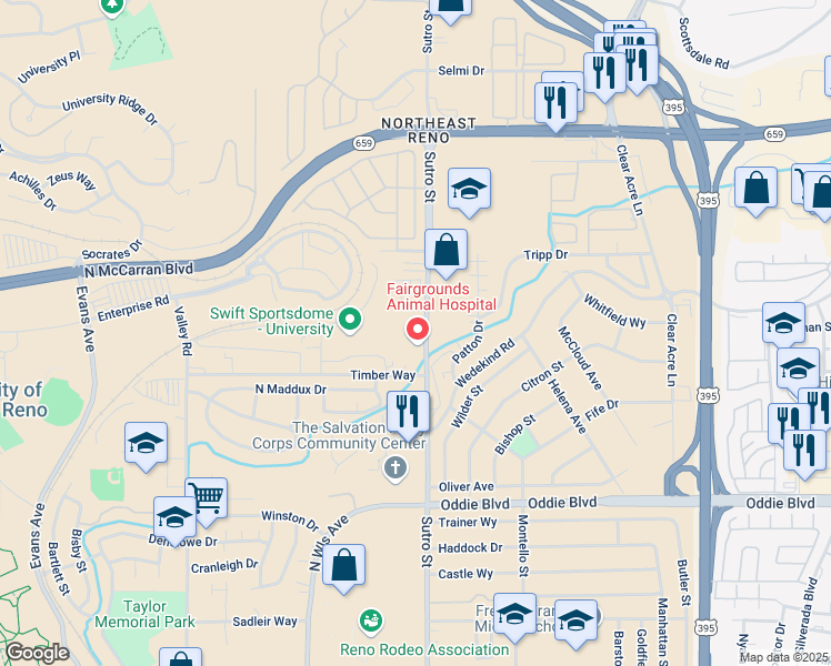 map of restaurants, bars, coffee shops, grocery stores, and more near 2465 Sutro Street in Reno