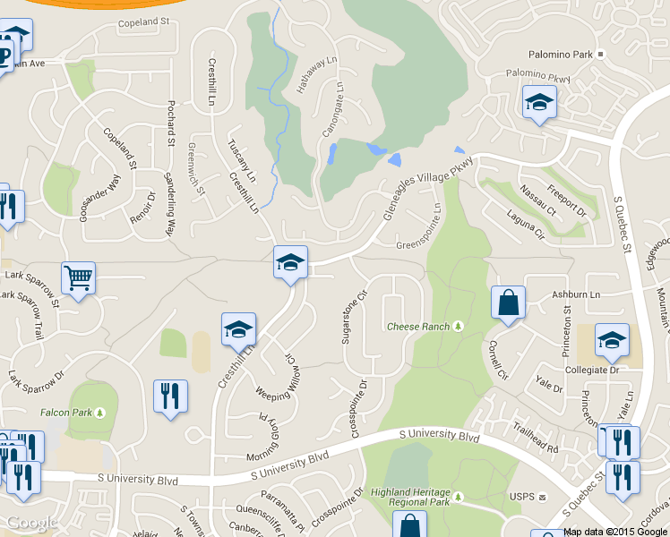 map of restaurants, bars, coffee shops, grocery stores, and more near 9111 Weeping Willow Court in Littleton