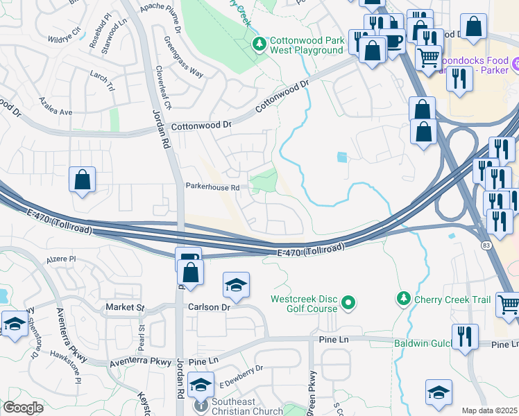 map of restaurants, bars, coffee shops, grocery stores, and more near 17346 Nature Walk Tr in Parker
