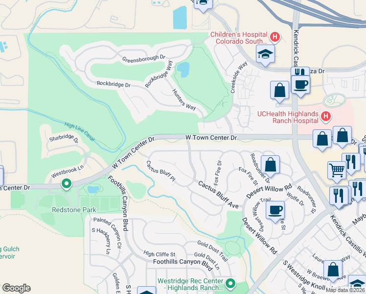 map of restaurants, bars, coffee shops, grocery stores, and more near 2459 West Bitterroot Place in Highlands Ranch