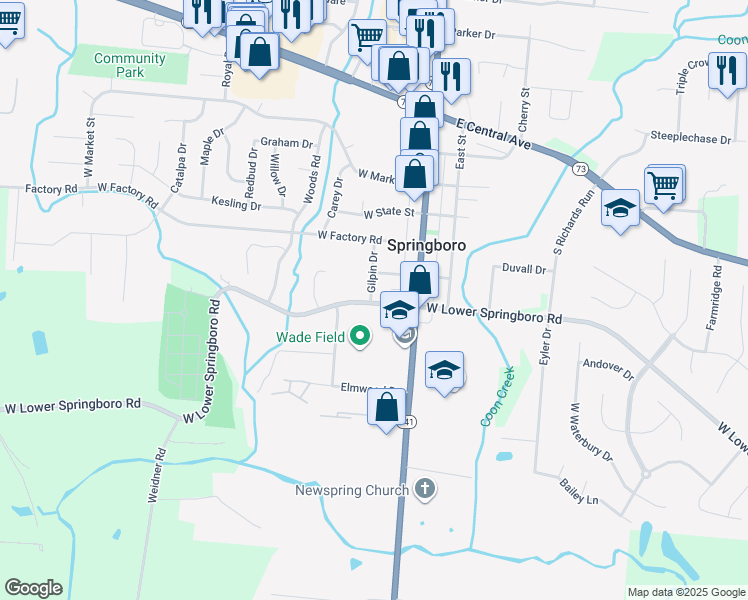 map of restaurants, bars, coffee shops, grocery stores, and more near 70 West Lower Springboro Road in Springboro