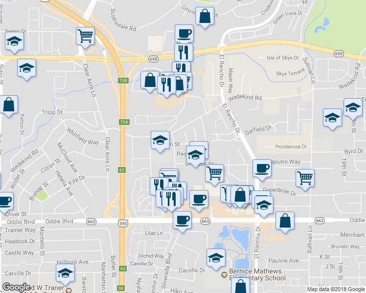 map of restaurants, bars, coffee shops, grocery stores, and more near 2520 Cannan Street in Reno