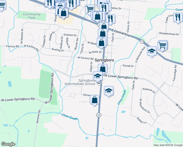 map of restaurants, bars, coffee shops, grocery stores, and more near 70 West Mill Street in Springboro