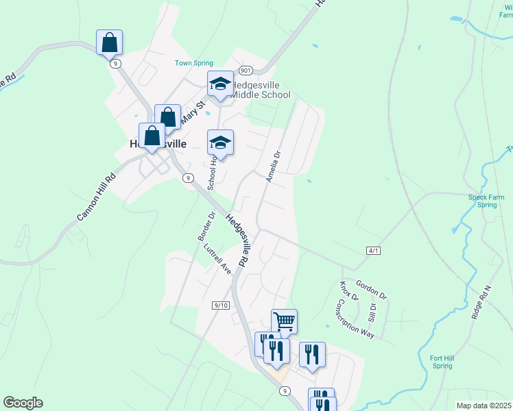 map of restaurants, bars, coffee shops, grocery stores, and more near 83 Amelia Drive in Hedgesville