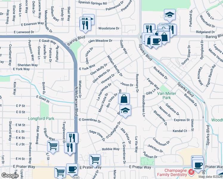 map of restaurants, bars, coffee shops, grocery stores, and more near 2077 Mesa Vista Drive in Sparks