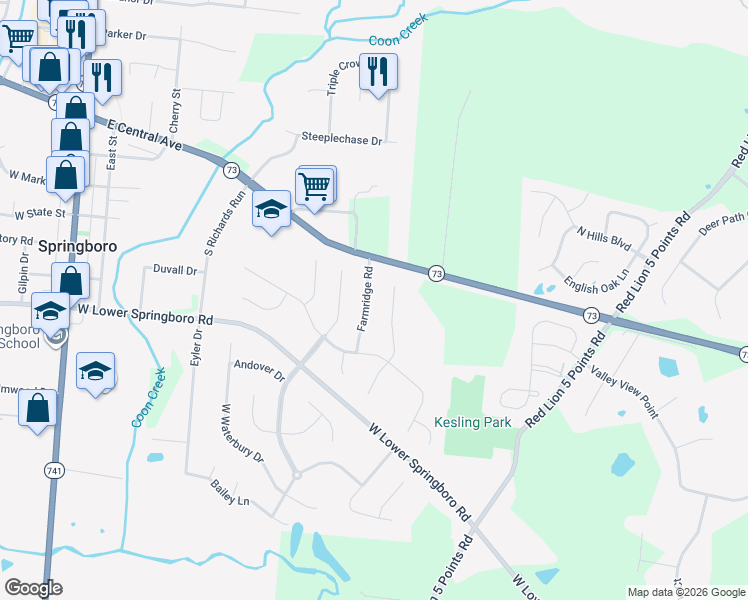 map of restaurants, bars, coffee shops, grocery stores, and more near 152 Farmridge Rd in Springboro