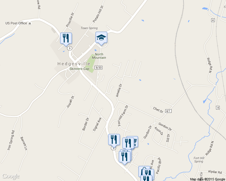 map of restaurants, bars, coffee shops, grocery stores, and more near 62 Grindstone Drive in Hedgesville