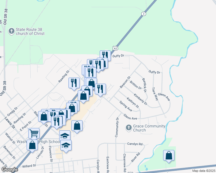map of restaurants, bars, coffee shops, grocery stores, and more near 860 Kohler Drive in Washington Court House