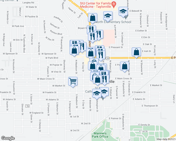 map of restaurants, bars, coffee shops, grocery stores, and more near 305 West Vine Street in Taylorville