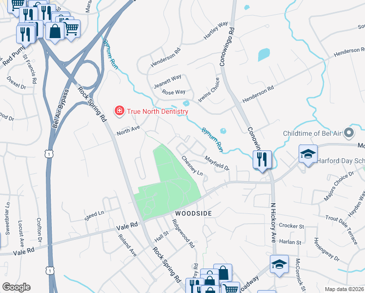 map of restaurants, bars, coffee shops, grocery stores, and more near 987 Phillips Place in Bel Air