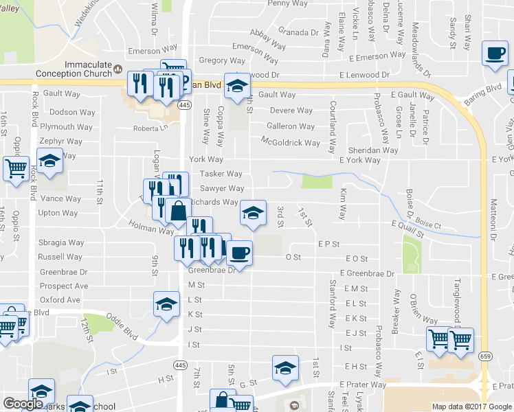 map of restaurants, bars, coffee shops, grocery stores, and more near 2080 4th Street in Sparks