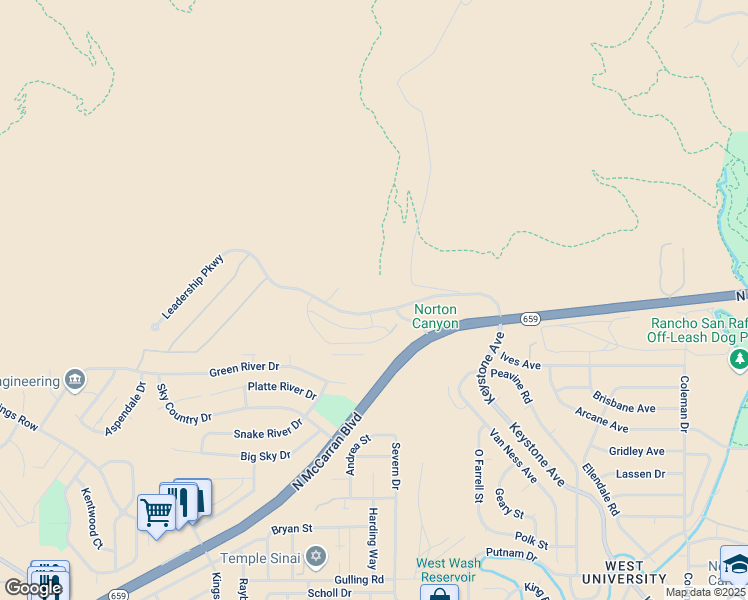 map of restaurants, bars, coffee shops, grocery stores, and more near 3030 Leadership Parkway in Reno