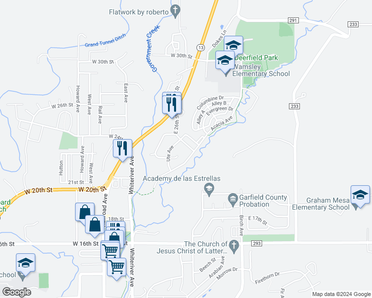 map of restaurants, bars, coffee shops, grocery stores, and more near 355 East 26th Street in Rifle