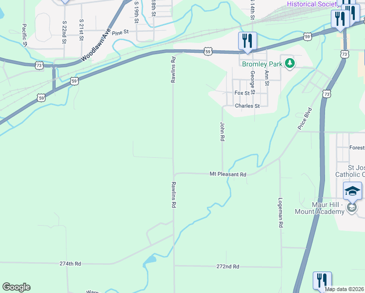 map of restaurants, bars, coffee shops, grocery stores, and more near 7153-7603 Rawlins Road in Atchison