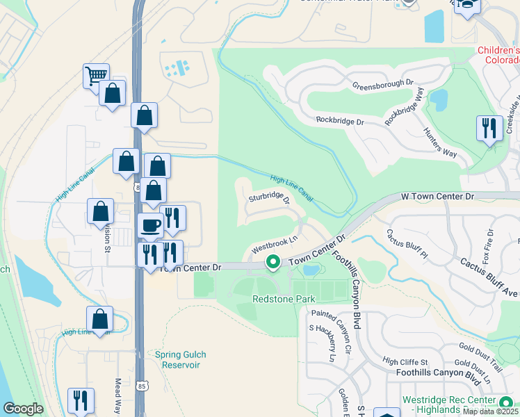 map of restaurants, bars, coffee shops, grocery stores, and more near 3466 Westbrook Lane in Highlands Ranch