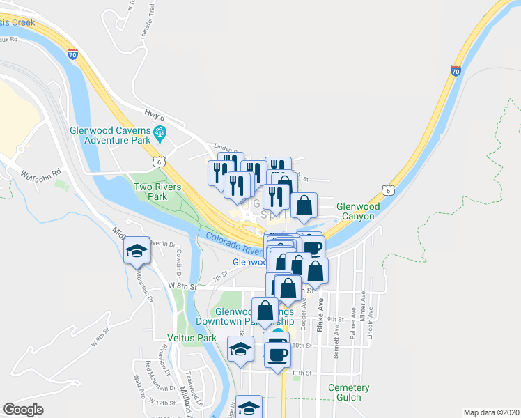 map of restaurants, bars, coffee shops, grocery stores, and more near 115 6th Street in Glenwood Springs