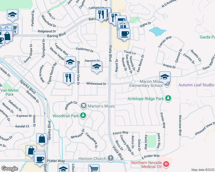 map of restaurants, bars, coffee shops, grocery stores, and more near 1998 Amber Leaf Court in Sparks