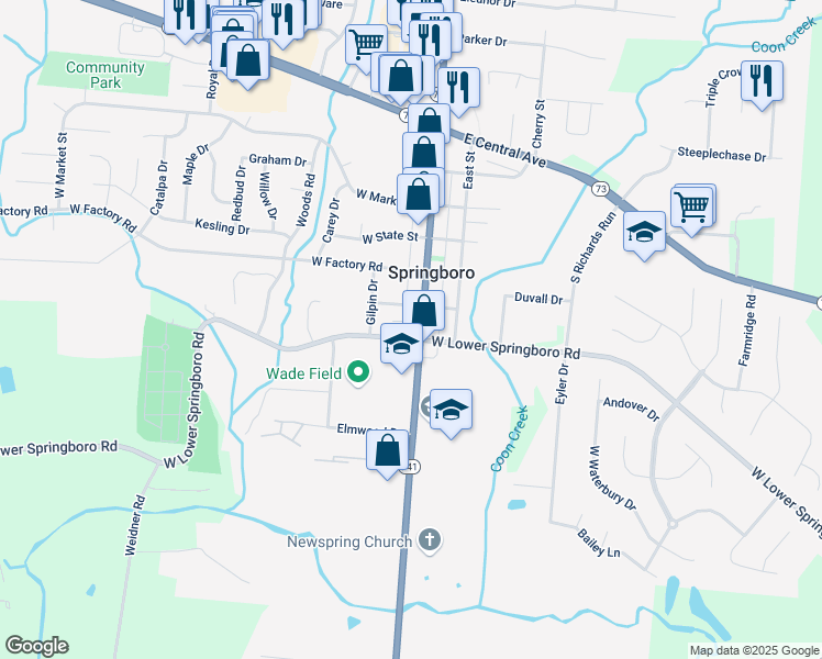 map of restaurants, bars, coffee shops, grocery stores, and more near 545 South Main Street in Springboro