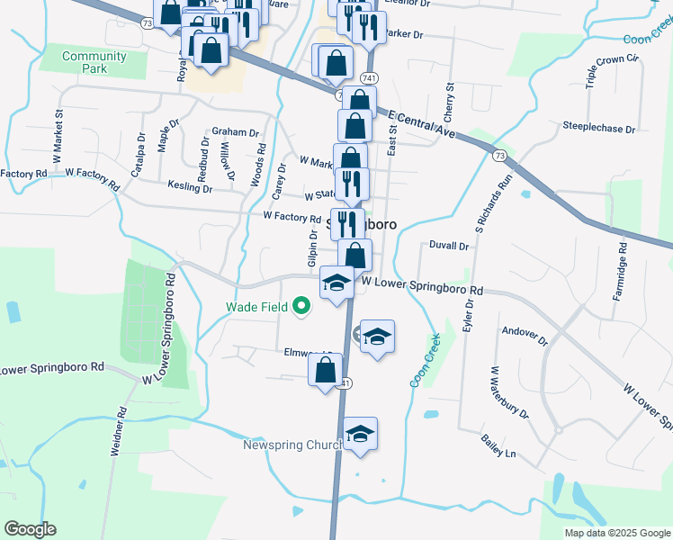 map of restaurants, bars, coffee shops, grocery stores, and more near 545 South Main Street in Springboro