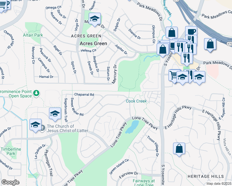 map of restaurants, bars, coffee shops, grocery stores, and more near 8257 Sweet Water Road in Lone Tree