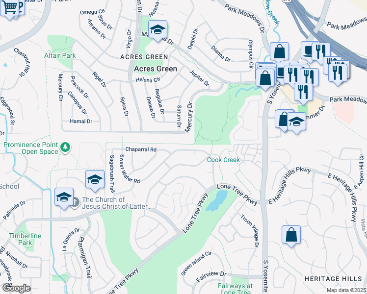 map of restaurants, bars, coffee shops, grocery stores, and more near 8257 Sweet Water Road in Lone Tree