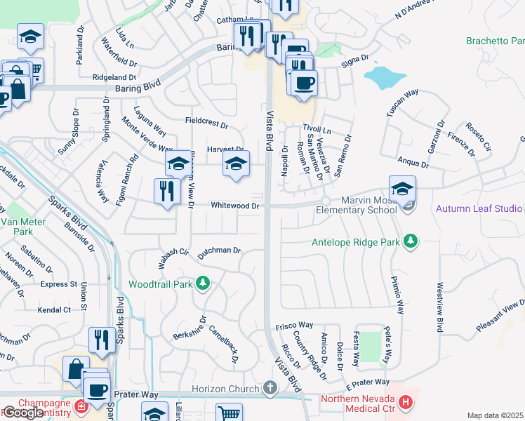 map of restaurants, bars, coffee shops, grocery stores, and more near 1998 Amber Leaf Court in Sparks