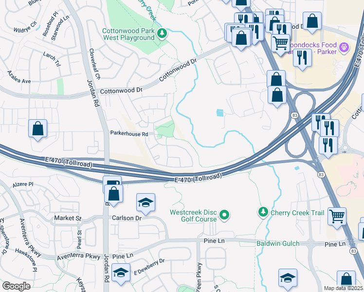 map of restaurants, bars, coffee shops, grocery stores, and more near 17335 Nature Walk Tr in Parker