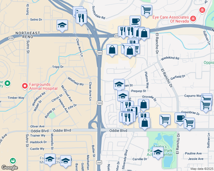 map of restaurants, bars, coffee shops, grocery stores, and more near 2330 Wedekind Road in Reno